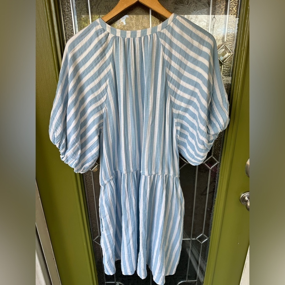 Old Navy Women’s Large 100% Cotton Blue White Stripe Balloon Drawstring Dress - Picture 7 of 8